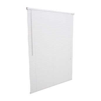 White PVC window blind with horizontal slats, front view