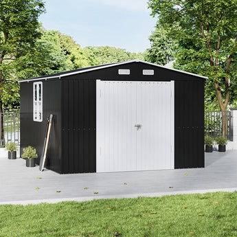 Metal storage shed with closed double doors, small window panel, and roof vents