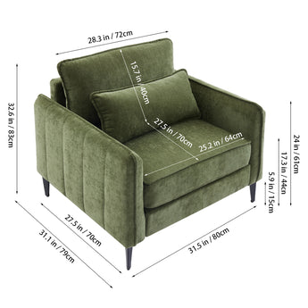 Green chenille accent chair layout with labeled dimensions