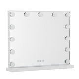 White Hollywood mirror with LED bulbs on all sides and touch dimmable button icons