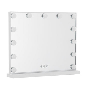White Hollywood mirror with LED bulbs on all sides and touch dimmable button icons