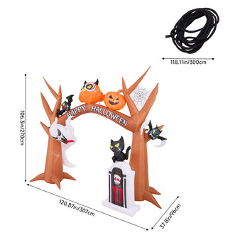 Halloween inflatable arch set with banner, ghost and cat figures, plus tether cord