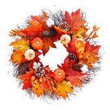 Round autumn wreath with orange-red leaves, pinecones, pumpkins, and white cotton accents