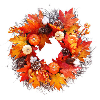 Round autumn wreath with orange-red leaves, pinecones, pumpkins, and white cotton accents