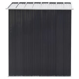 3 x 5 metal storage shed end view, dark gray wall panels and light roof trim.