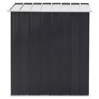 3 x 5 metal storage shed end view, dark gray wall panels and light roof trim.