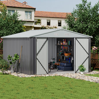 Grey metal garden storage shed with apex roof and open double doors