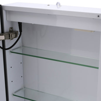 Anti-fog LED mirror cabinet interior with glass shelves and visible wiring
