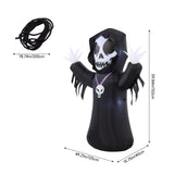 Black inflatable hooded skeleton Halloween decoration with skull face and purple accents