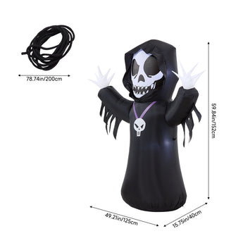 Black inflatable hooded skeleton Halloween decoration with skull face and purple accents