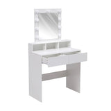 White dressing table with illuminated mirror and pull-out drawer beneath