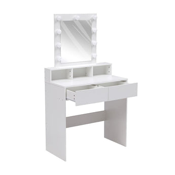 White dressing table with illuminated mirror and pull-out drawer beneath