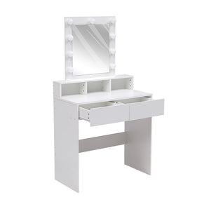 White dressing table with illuminated mirror and pull-out drawer beneath