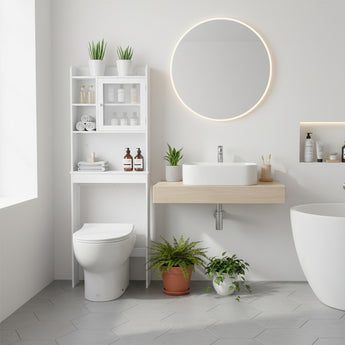 White tall bathroom storage cabinet with open shelves and a central top door