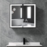 Wall-mounted bathroom LED mirror cabinet with two open mirrored doors over sink
