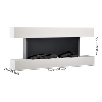 White wall-mounted electric fireplace with open front and black log-style inserts