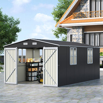 Metal storage shed with open double doors and window panels on side walls
