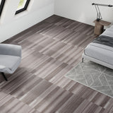 Gray wood-grain self-adhesive vinyl plank flooring set in room corner view