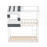 White house-shaped twin bunk bed with slatted boards, dark side panels, ladder on right