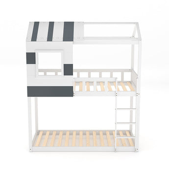 White house-shaped twin bunk bed with slatted boards, dark side panels, ladder on right