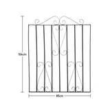 Garden gate dimensions diagram, 85cm wide x 104cm high, black scroll frame