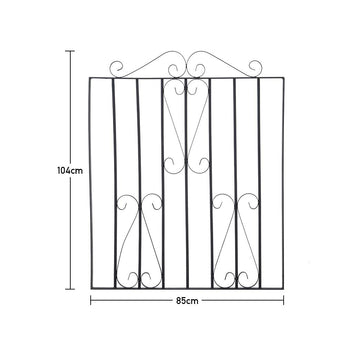 Garden gate dimensions diagram, 85cm wide x 104cm high, black scroll frame