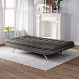 Dark grey linen sofa bed with adjustable backrest, tufted panels and chrome legs