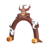 Standalone inflatable brown Halloween arch with jack-o-lantern buckets and ghost details