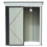 3 x 5 metal storage shed with double doors ajar, light interior panels, dark frame.