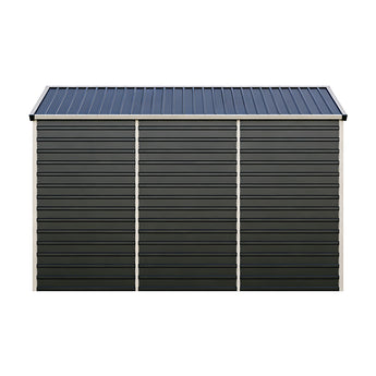 Metal shed exterior wall with dark gray ribbed panels and blue roof