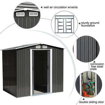Anthracite metal garden storage shed with double sliding door and ventilation vents