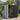 Plastic storage shed with open door storing garden tools inside, dark panel