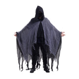 Hooded Halloween cape with wide gray drape, black inner layer, fringe hem