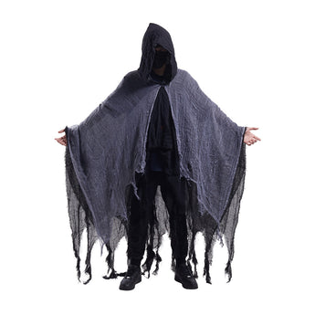 Hooded Halloween cape with wide gray drape, black inner layer, fringe hem