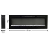 Black electric fireplace unit with front-view dimensions shown on a white background.
