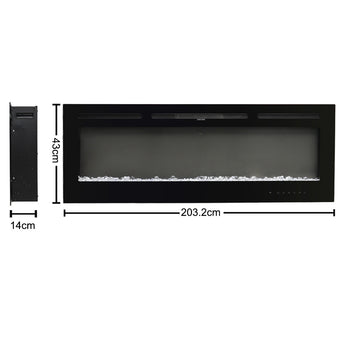 Black electric fireplace unit with front-view dimensions shown on a white background.