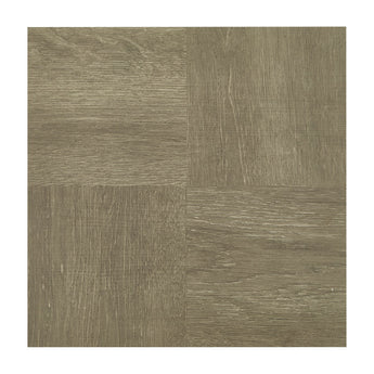 Wood-effect PVC floor tile sample in muted gray with visible grain and plank seams