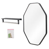 Black octagon bathroom wall mirror with towel shelf, aluminum frame