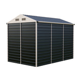 Metal storage shed exterior with dark gray siding, white trim, and blue apex roof