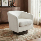 Cream upholstered swivel armchair with wide rounded arms and dark circular base.