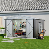 Grey metal garden storage shed with apex roof and double doors open to storage