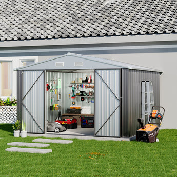 Grey metal garden storage shed with apex roof and double doors open to storage