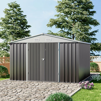 Grey metal storage shed with apex roof and two roof vents