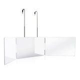White tri-fold makeup mirror with extendable hanging arms and three panels