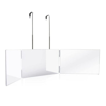 White tri-fold makeup mirror with extendable hanging arms and three panels