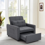 Dark grey sofa bed chair with tufted backrest and extended pull-out seat