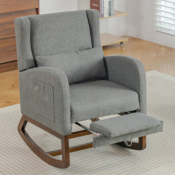 Grey upholstered rocking chair with extended footrest and front storage pocket