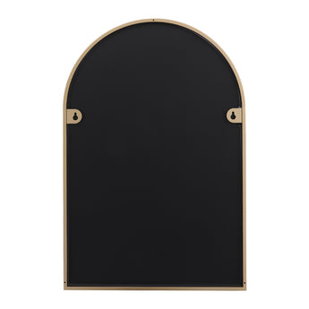 Back view of arch-shaped mirror with black panel, gold frame, and side hooks