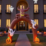 Inflatable Halloween arch in brown with glowing jack-o-lantern buckets and ghost faces