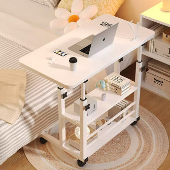 White overbed laptop table with lower shelf, caster wheels, and built-in USB ports